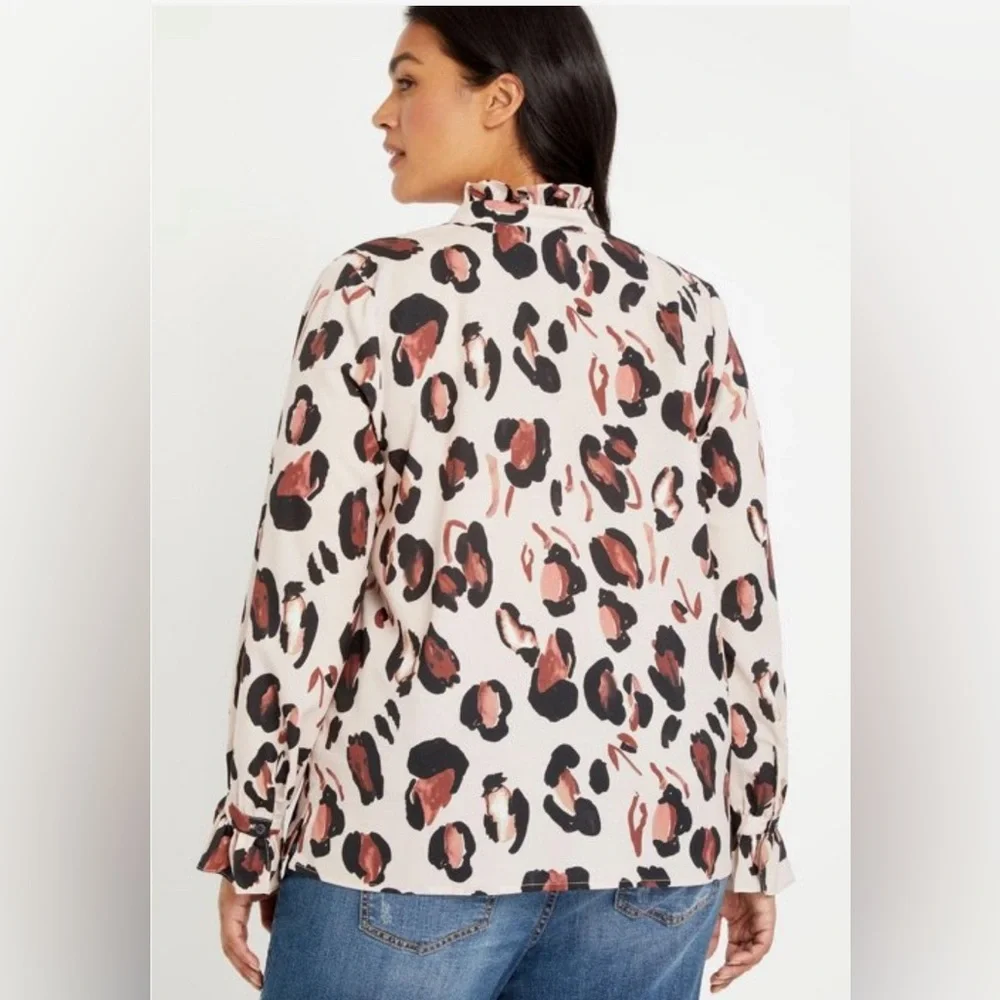 ELOQUII Women's Plus Size Button Down Shirt With Ruffle Neck sz 18 Panthera - Picture 2 of 5